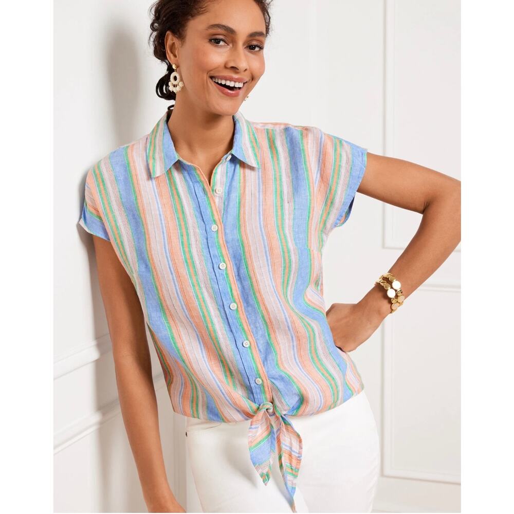 Talbots Women's Linen Tie Hem Button Front Top Swing Stripe Multicolor Size XLP